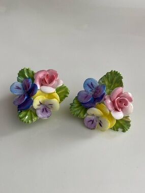 Porcelain Floral Clip-On Earrings in Pink, Blue, Yellow & Green